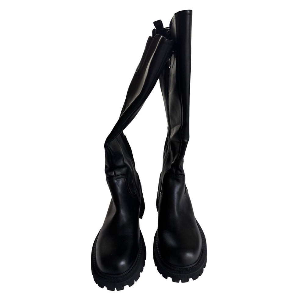 TEAIEUI Knee High Boots Womens 12 Black Lug Sole Platform Side Zip Tall Boots